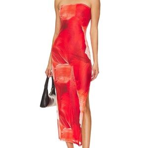Jamila Red Printed Strapless Midi Dress - Size XS